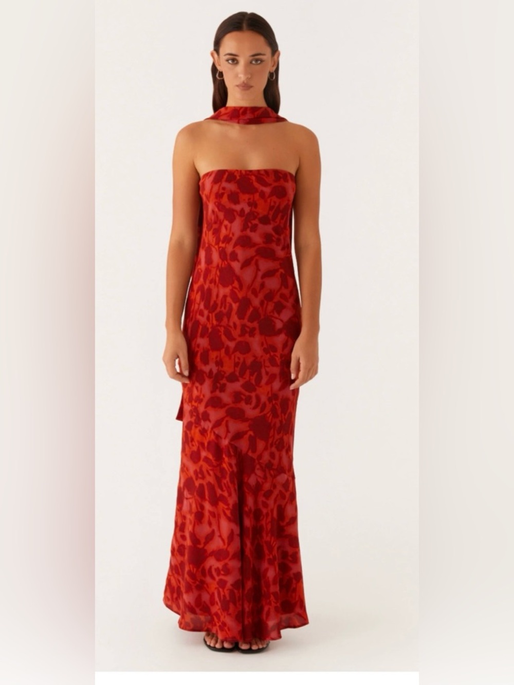 Peppermayo Red Floral Satin Maxi Dress with Halter Sash
